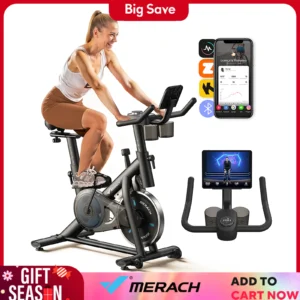 A0d96186226f6436c8355edc17d4abaaeE.webp MERACH Exercise Bike Brake Pad Stationary Bike Low Noise Indoor Cycling Bike 270lbs Weight Capacity Tablet Mount Fitness Courses
