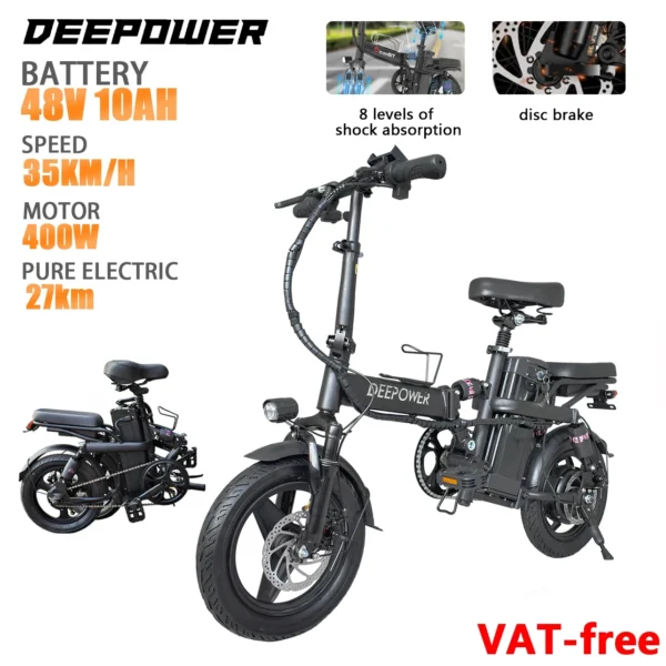 DEEPOWER Mini Foldable Ebike 400W 48V 30AH/10AH Removable Battery Multi-shock-absorbing Urban Electric Bicycle Bike for Aldult