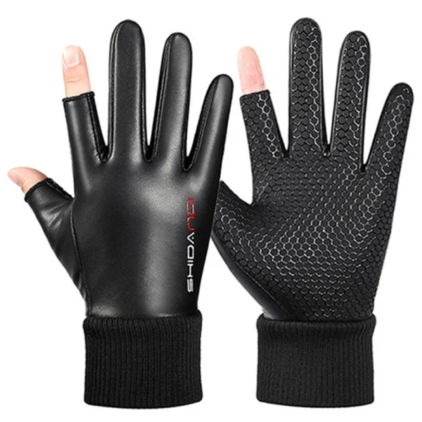 Men Winter Gloves 2 Finger Flip Cycling Gloves Waterproof Warm Gloves PU Leather Fleece Gloves for Outdoor Cycling Skiing Hiking