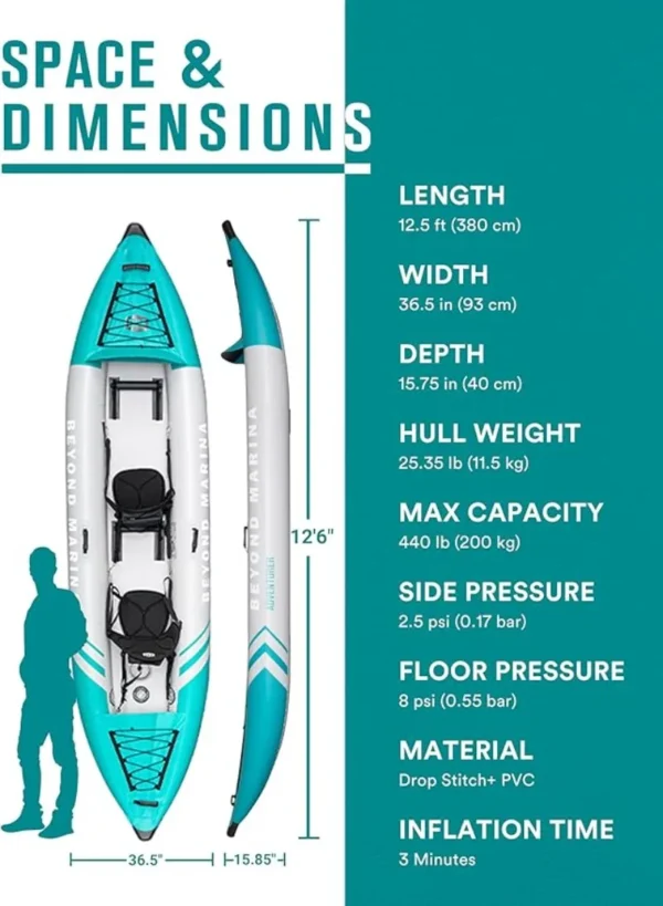 Inflatable Kayak 2 Person Adult Tandem Kayak with Drop Stitch Floor Touring Kayak with Aluminum Paddles Adventurer 12.5ft