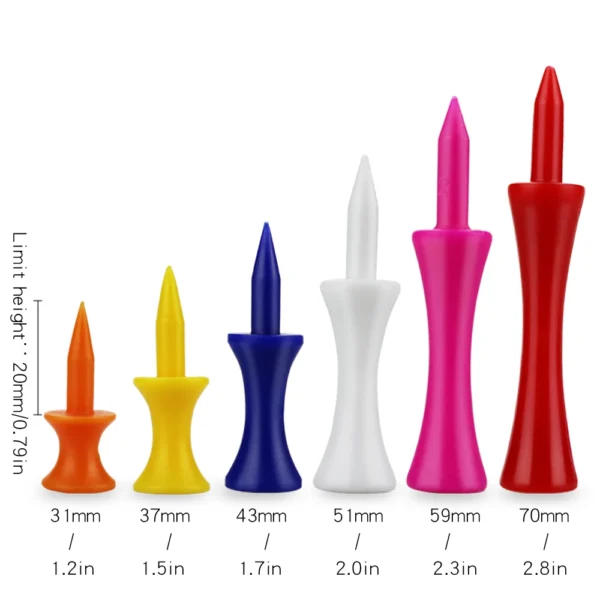 S344c9c22db614bae8a6294f4f9a62ceb2.webp Golf Tees 50 Pcs 100 Pcs 1000 Pcs Pack Plastic Step Down Golf Tee 31mm 37mm 43mm 51 mm 59mm 70mm Length Golf Ball Tees Drop Ship