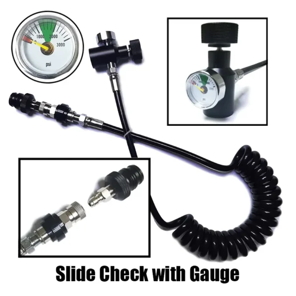 Paint Marker Ball Accessories Coil Remote Microbore Hose Thick Line 2.5M with Slide Check Quick Disconnect and 3000psi Gauge