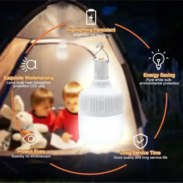 S43149e60cf5d4ceaaa67abcd49d5b1ca3.webp 60W Emergency Light Outdoor Camping Supplies Edc Outdoor USB Rechargeable LED Light Bulb Lantern Hiking Sports Entertainment