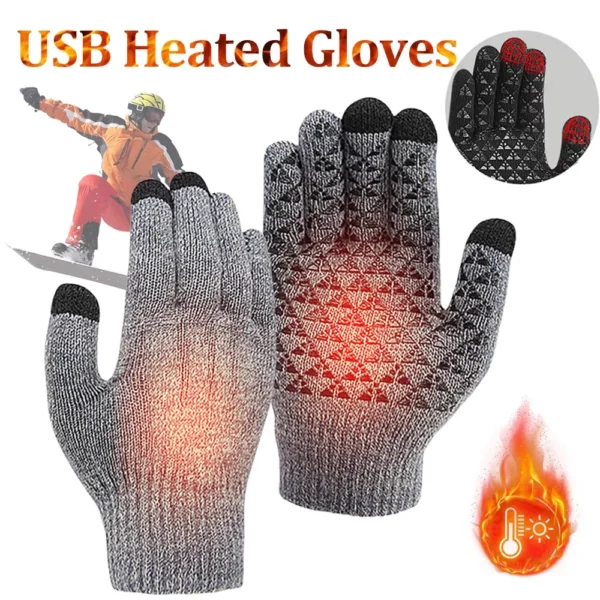 Electric Heated Gloves Winter Moto USB Heating Gloves Hand Warmer Full Finger Thermal Knitted Gloves For Snowmobile Cycling Ski