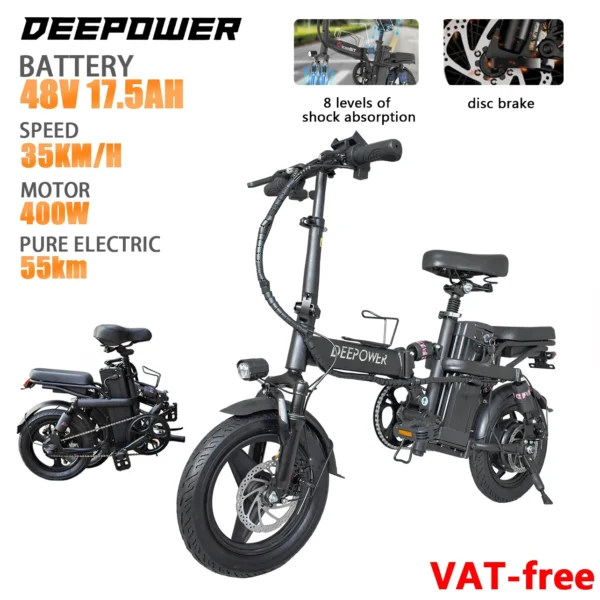 DEEPOWER Mini Foldable Ebike 400W 48V 30AH/10AH Removable Battery Multi-shock-absorbing Urban Electric Bicycle Bike for Aldult