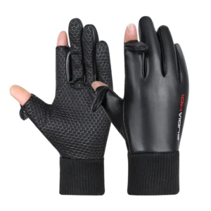 Men Winter Gloves 2 Finger Flip Cycling Gloves Waterproof Warm Gloves PU Leather Fleece Gloves for Outdoor Cycling Skiing Hiking