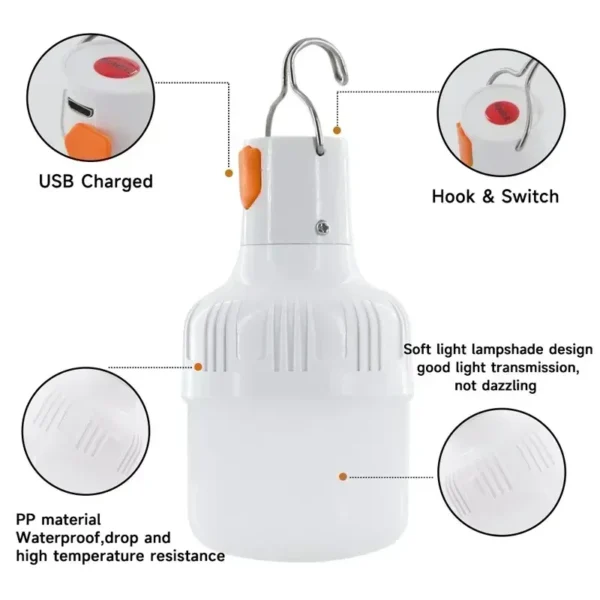 S60bb223dde1b4f68bb1f129435978e01x.webp 60W Emergency Light Outdoor Camping Supplies Edc Outdoor USB Rechargeable LED Light Bulb Lantern Hiking Sports Entertainment
