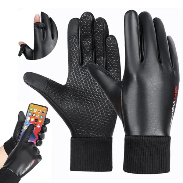 Men Winter Gloves 2 Finger Flip Cycling Gloves Waterproof Warm Gloves PU Leather Fleece Gloves for Outdoor Cycling Skiing Hiking