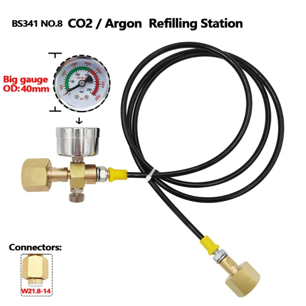 S71cc53b3e5dd4c5292ddce9c72f82f85F.webp Argon CO2 Refilling Station Charging Adapter To Small Welding Tanks,W/ 1.5 Meters Soft Hose 250bar Gauge G5/8,W21.8-14,CGA320