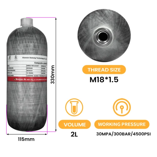 TUXING 2L Mini Diving Tank 4500Psi 300Bar Carbon Fiber Cylinder Scuba High Pressure Air Tanks for Firefighting M18*1.5