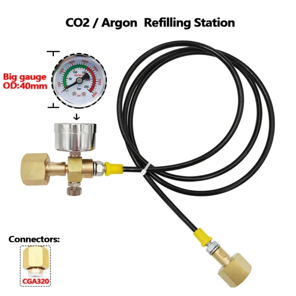 Sacee3aabf83e4cafa49eadf521928d74T.webp Argon CO2 Refilling Station Charging Adapter To Small Welding Tanks,W/ 1.5 Meters Soft Hose 250bar Gauge G5/8,W21.8-14,CGA320