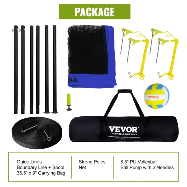 VEVOR 1.25-1.75inch Outdoor Portable Volleyball Net System, Adjustable Height Aluminum Poles Volleyball Set w/ Pump Carrying Bag
