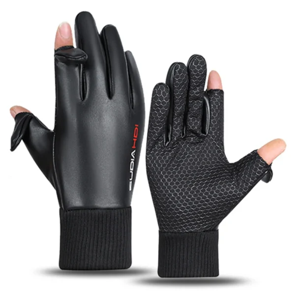 Men Winter Gloves 2 Finger Flip Cycling Gloves Waterproof Warm Gloves PU Leather Fleece Gloves for Outdoor Cycling Skiing Hiking