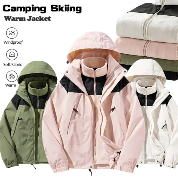 New Three-in-one Outdoor Jackets Simple Fashion Suitable Men Women Wear Waterproof Breathable Fabric Camping Skiing Warm Jacket