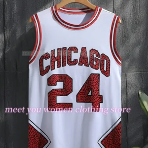 Sf6c5d4ce63ff4a0489abf65adbfa4c0aP.webp Jersey vest Boyfriend Style women's CHIAGO No.21 No.24 Print Striped Round Neck Casual Tank Top women sport basketball vest